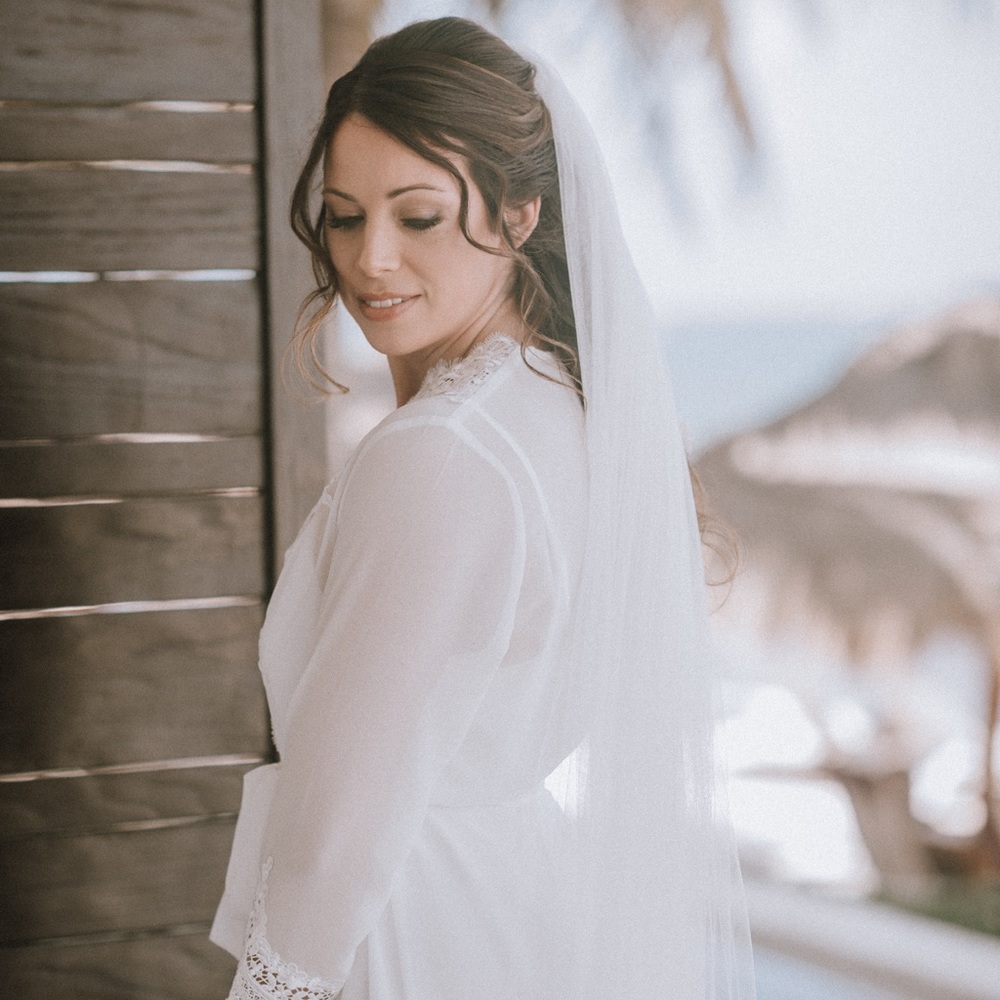 Bridal Wedding robe, silk slip, and fuzzy slippers set